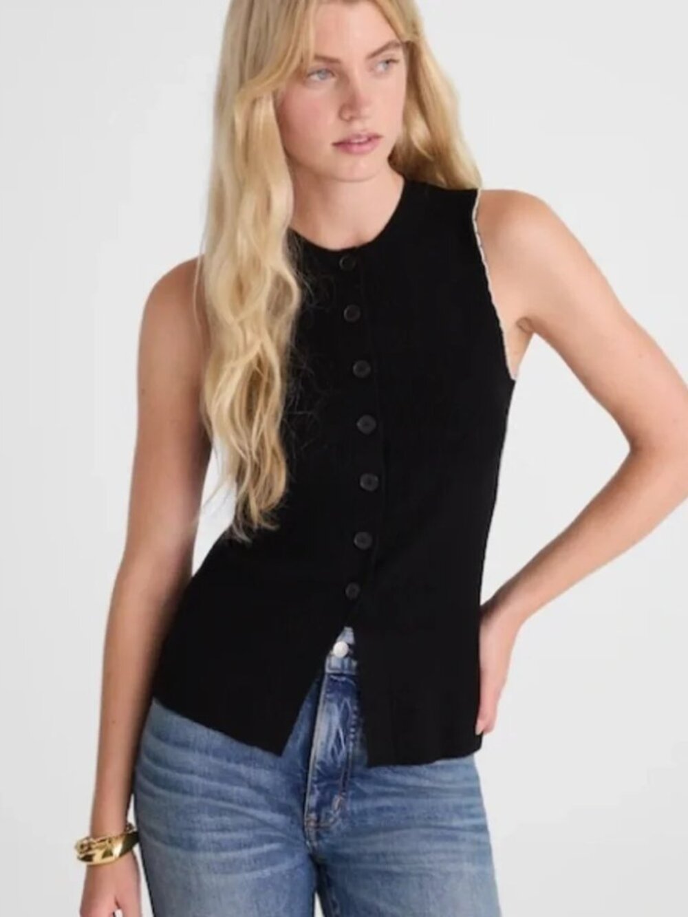 Madewell Black Emilia Merino Longline Sleeveless Button Down Sweater Vest M NWT